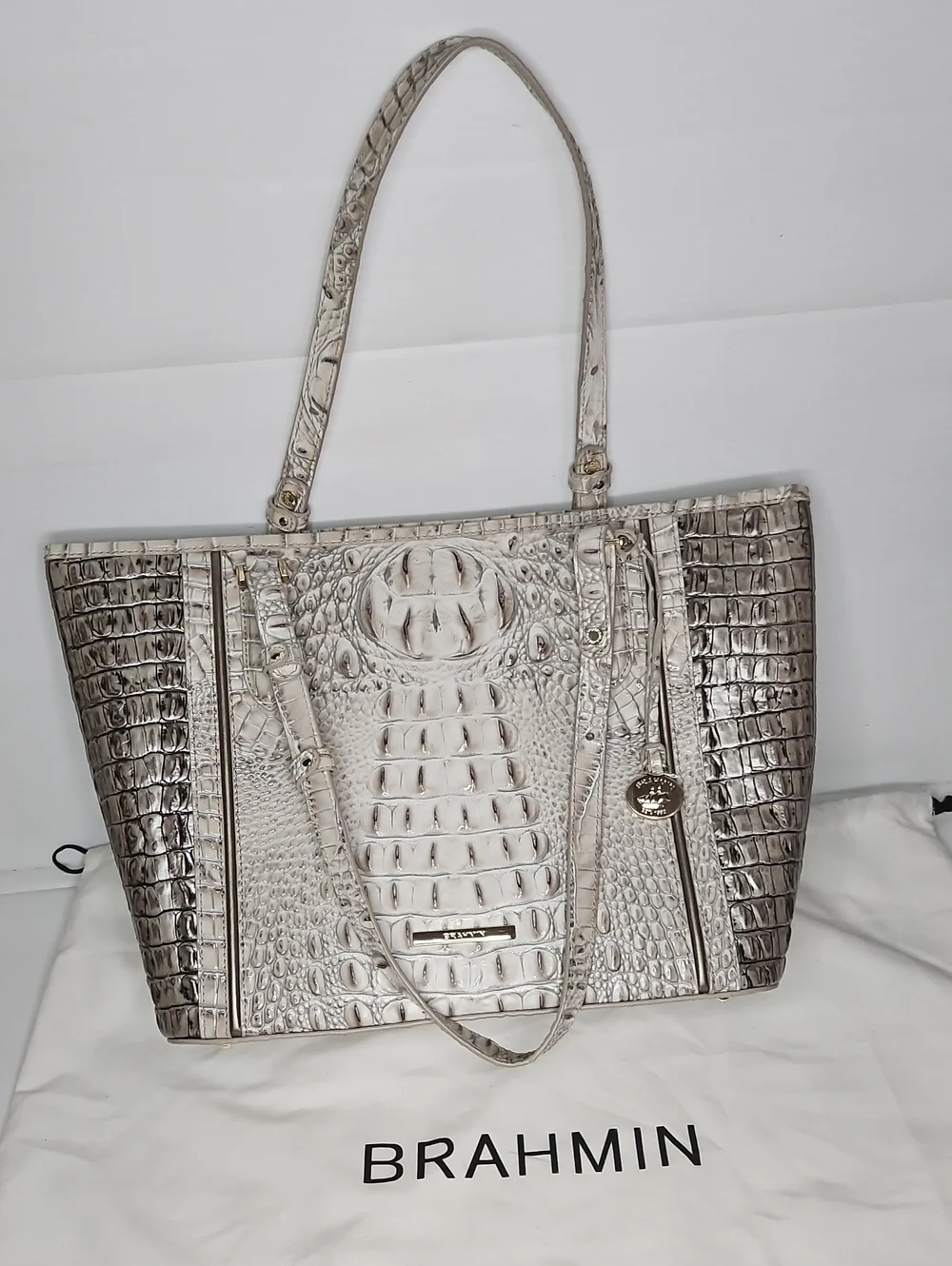 BRAHMIN Medium Asher Bag Fairest Grey Embossed Leather Structured Satchel NWOT